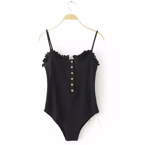Tops - SOLD OUT The Cutest Black Ribbed Button Ruffled Bodysuit